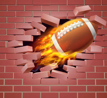 An illustration of a burning flaming American Football ball on fire tearing a hole through a brick wallのイラスト素材