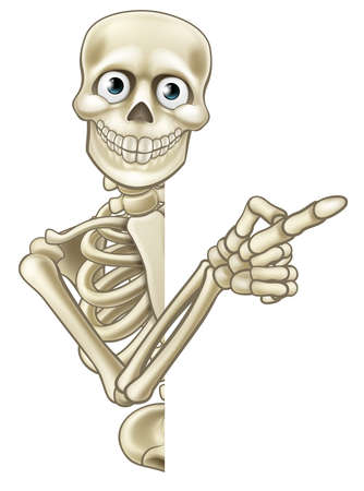 A skeleton Halloween cartoon character peeping around a sign and pointing at itのイラスト素材