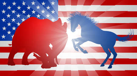 A donkey and elephant silhouettes charging at each other. Mascot animals of American democratic and republican parties, concept for the presidential election debate or politics in generalのイラスト素材