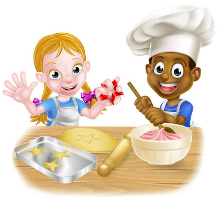 Cartoon boy and girl kids, one black one white, dressed as chefs or bakers baking cakes and cookiesのイラスト素材
