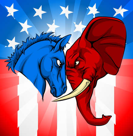 American politics or election debates concept with animal mascots of the democrat and republican political parties. Donkey and elephant facing off.のイラスト素材