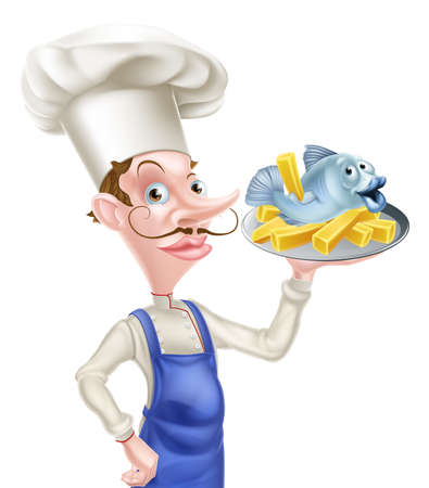 A cartoon seafood chef holding a platter or plate with fish and chips on it.のイラスト素材