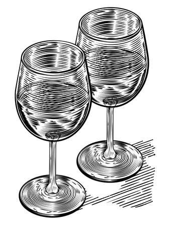 Original illustration of a pair of wine glasses in a vinatge woodblock styleのイラスト素材