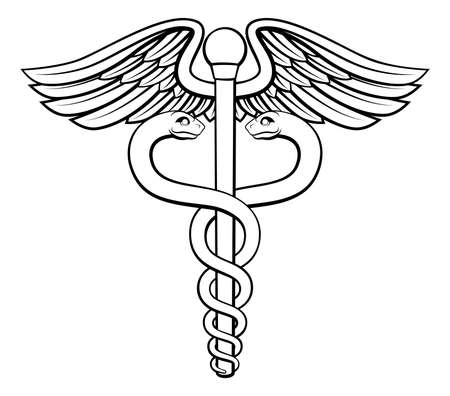 An illustration of the caduceus symbol of two snakes intertwined around a winged rod. Associated with healing and medicine.のイラスト素材