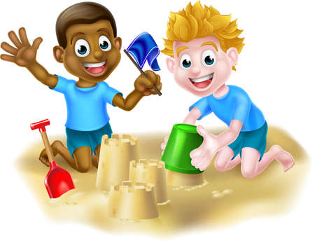 Cartoon black and white boy kids, friends playing in the sand with a bucket and spade making sandcastlesのイラスト素材