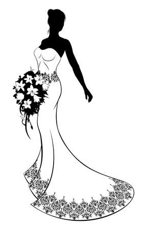 A bride silhouette wedding illustration, the bride in a white bridal dress gown with abstract floral pattern holding a floral wedding bouquet of flowersのイラスト素材