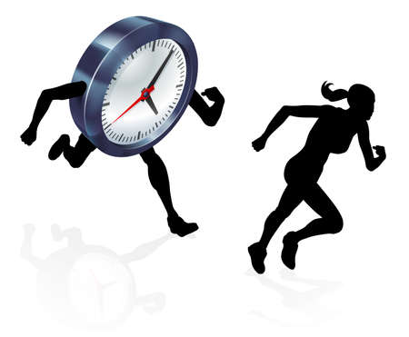 Silhouette woman running from a clock or racing it concept for time pressure or work life balance, being stressed or racing a deadlineのイラスト素材