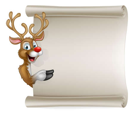Cartoon Christmas scroll sign of Santas reindeer pointing at a scroll bannerのイラスト素材