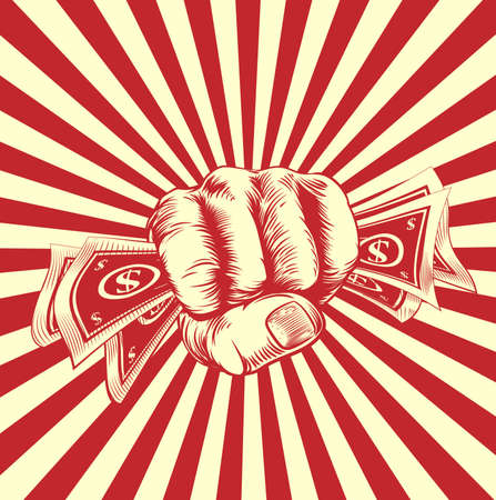 A hand holding money cash in a vintage propaganda poster wood cut styleのイラスト素材