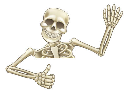 A skeleton Halloween cartoon character peeping over a sign waving and giving a thumbs upのイラスト素材