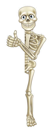 A skeleton cartoon character giving a thumbs up around a signのイラスト素材