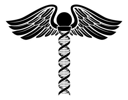 Caduceus medical symbol with a human DNA double helix genetic chromosome strand making up the central rod.のイラスト素材