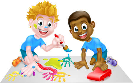 Cartoon boys playing with toys, one black one white, with paintbrush paints and toy red carのイラスト素材
