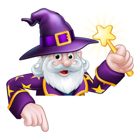A cartoon wizard Halloween character holding a magic wand peeping over a sign and pointingのイラスト素材