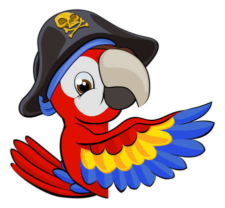 Cartoon parrot bird character mascot in a pirate hat peeking around a sign and pointing with a wingのイラスト素材
