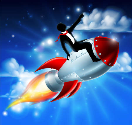 A silhouette businessman riding a rocket through the sky, concept for business success or innovationのイラスト素材