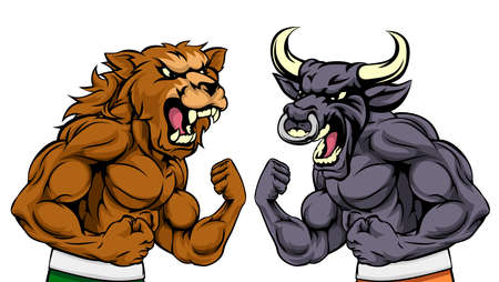 A cartoon bear fighting a cartoon bull mascot character standing for the bears versus bulls stock market metaphorのイラスト素材