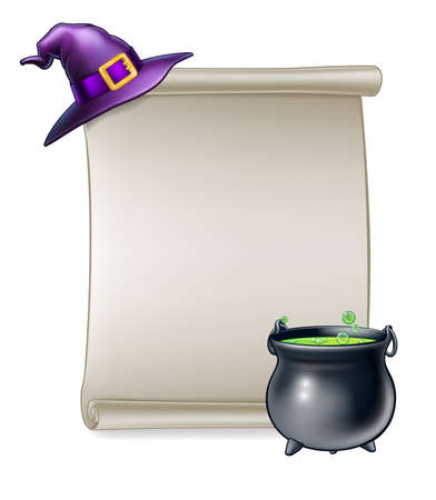 A cartoon Halloween scroll sign with a wizard or witchs hat and a magic cauldronのイラスト素材