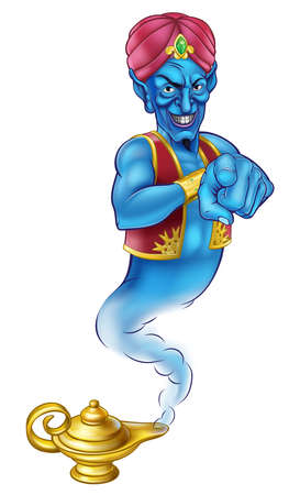An evil looking genie cartoon character like in the story of Aladdin coming out of a magic lamp and pointingのイラスト素材