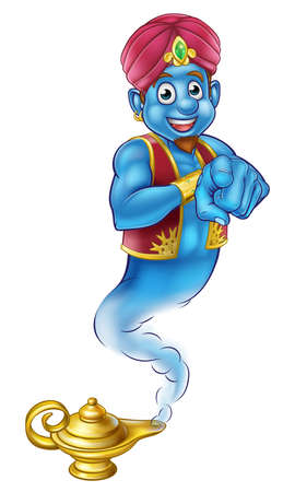 An cute looking genie cartoon character like in the story of Aladdin coming out of a magic lamp and pointingのイラスト素材