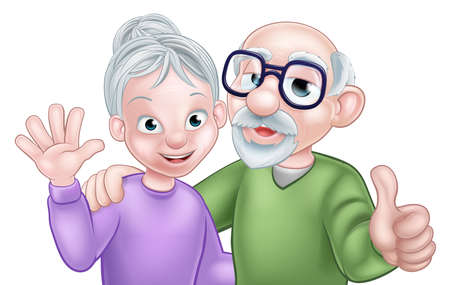 Cartoon senior elderly grandparents couple with wife or woman waving and husband or man giving a thumbs upのイラスト素材