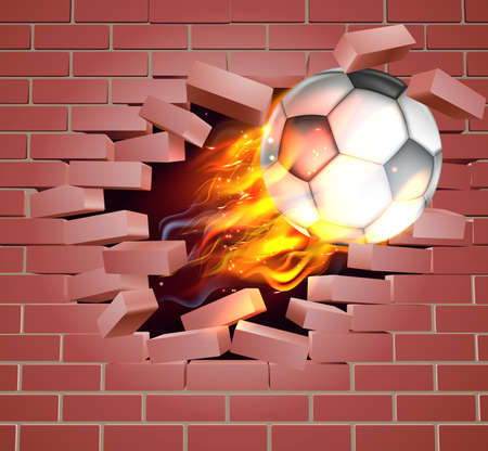 An illustration of a burning flaming Soccer Football ball on fire tearing a hole through a brick wallのイラスト素材