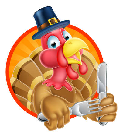 A cartoon Thanksgiving turkey in Pilgrims hat holding a knife and forkのイラスト素材