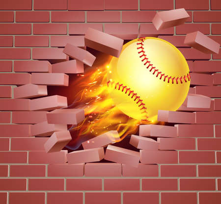 An illustration of a burning flaming yellow Softball ball on fire tearing a hole through a brick wallのイラスト素材