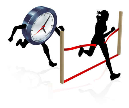 A woman running racing against a clock character beating it to the finish lineのイラスト素材