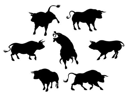 A series of bull cattle animal silhouettesのイラスト素材