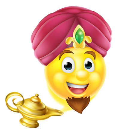 Cartoon emoticon emoji genie like in the story of Aladdin coming out of a magic lampのイラスト素材