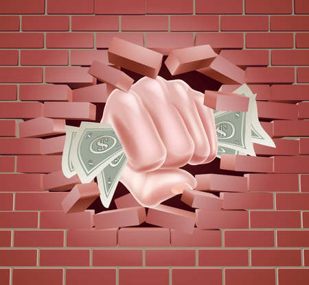 Hand in fist holding cash money dollar bills punching through a red brick wallのイラスト素材