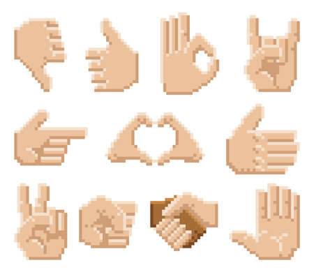 A set of 8 bit pixel art hand iconsのイラスト素材