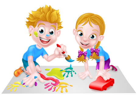A cartoon boy and girl playing together with toys, with paints and toy red carのイラスト素材