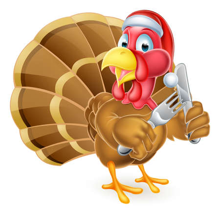A cartoon turkey holding a knife and fork wearing a Santa Christmas hatのイラスト素材