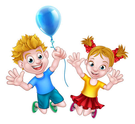 Happy cartoon young girl and boy jumping with balloonのイラスト素材