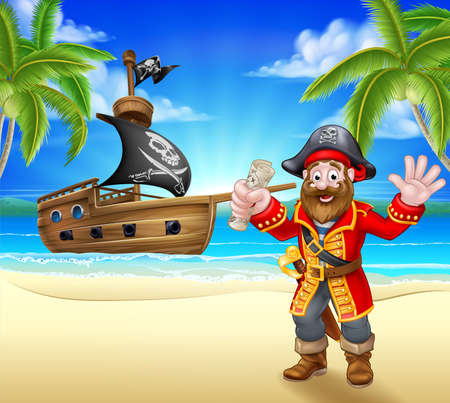 A cartoon pirate on a beach holding a treasure map with his ship in the backgroundのイラスト素材