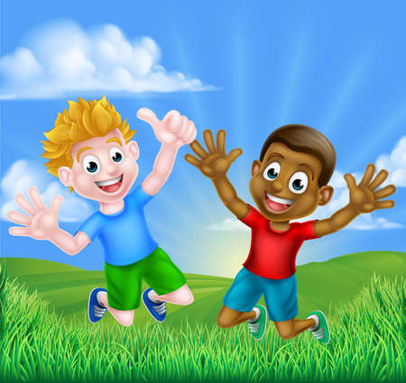Happy cartoon young boys, one black and one white, jumping for joy outdoors in a field.のイラスト素材