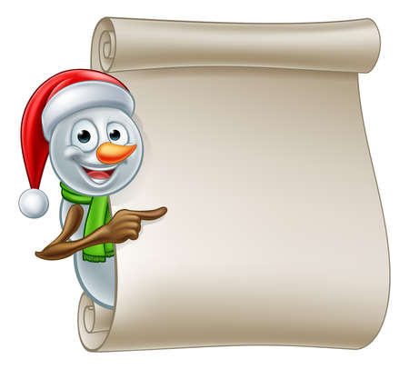 A cute cartoon Christmas snowman in Santa hat peeking around scroll sign and pointingのイラスト素材