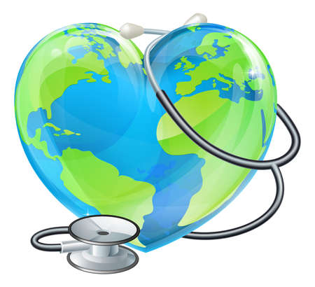 Conceptual illustration of a heart planet earth with a stethoscope wrapped around it.のイラスト素材