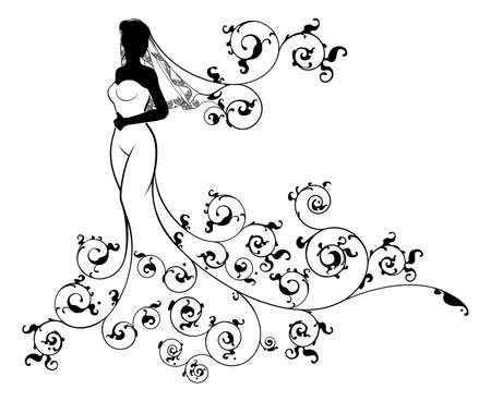 A bride wedding silhouette in bridal dress gown with an abstract floral pattern concept designのイラスト素材