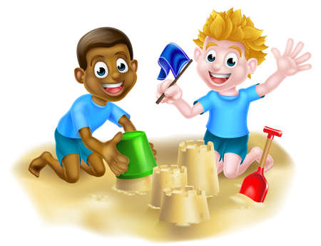 Children having fun building sandcastles on a beach or in a sand pit with bucket and spadeのイラスト素材