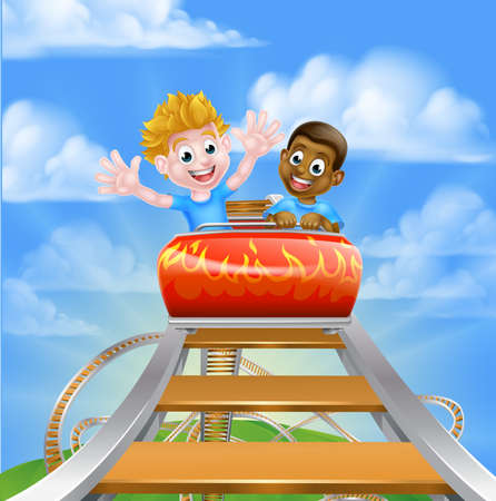Cartoon boys children riding on a roller coaster ride at a theme park or amusement parkのイラスト素材