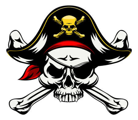 A skull and crossbones pirates jolly roger sign in pirate clothes eye patch and pirate hatのイラスト素材