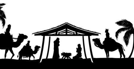 Christian Christmas Nativity Scene of baby Jesus in the manger with Mary and Joseph in silhouette surrounded by animals and the 3 wise men magiのイラスト素材