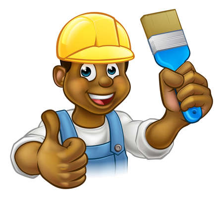 A black painter decorator handyman cartoon character holding a paintbrush and and giving a thumbs upのイラスト素材