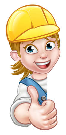Cartoon female builder, mechanic, carpenter, electrician or plumber character in hard hat giving thumbs upのイラスト素材