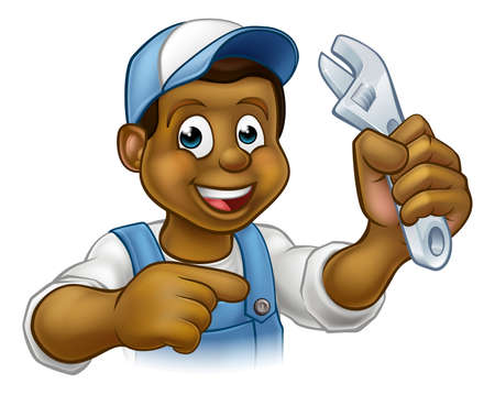 Black mechanic or plumber handyman cartoon character holding a spanner and pointingのイラスト素材