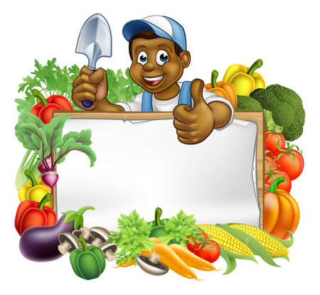 A cartoon black gardener holding a gardening tool and giving a thumbs up with a sign surrounded by vegetables and fruit garden produceのイラスト素材
