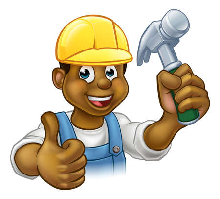 A black handyman carpenter cartoon character in a hard hat holding a hammer and giving a thumbs upのイラスト素材